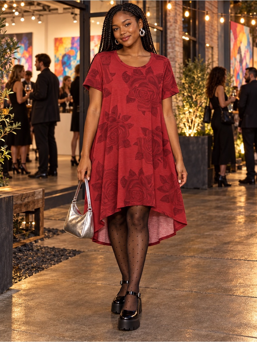 Floral Hi-Low Red Swing Dress